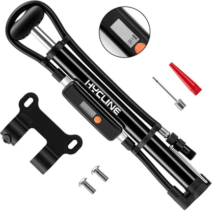 Hycline Mege2 140 PSI portable bicycle pump with digital gauge and compact design for bike tire inflation.