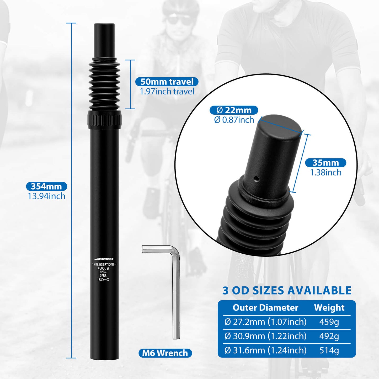Hycline ZOOM bike suspension seatpost in black, 27.2mm diameter, showing the padded saddle and sleek suspension design