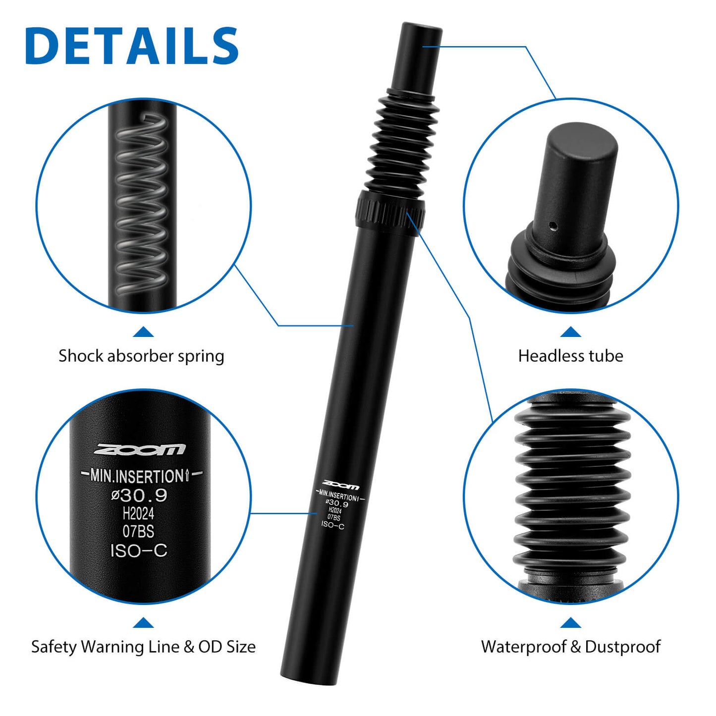 Hycline Zoom Bike Suspension Seatpost for bicycles, black 27.2mm diameter, adjustable suspension for comfortable ride.