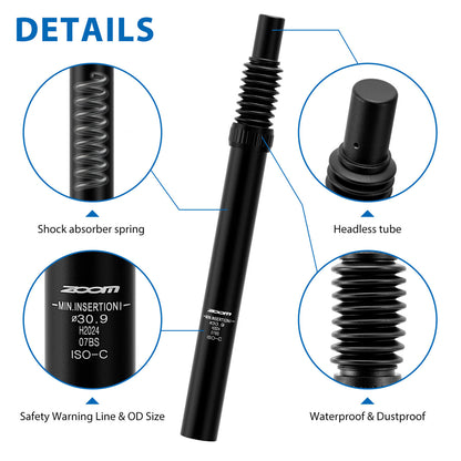 Hycline Zoom Bike Suspension Seatpost for bicycles, black 27.2mm diameter, adjustable suspension for comfortable ride.
