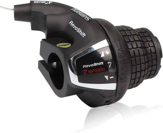Shimano 7-speed RevoShift SL-RS35 twist grip bicycle shifter by Hycline, showing the ergonomic grip and gear indicator.