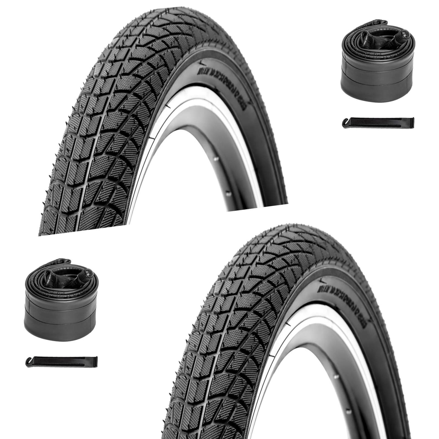 Pair of Hycline Endoin bicycle tires in 16x1.95 and 20x2.125 sizes with tubes, suitable for road bikes or hybrids.