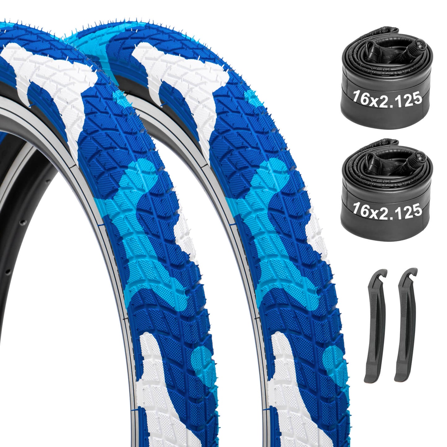 Blue Colorwonder bicycle tires by Hycline, 16-inch size with tubes, featuring 2.125-inch width and 35 PSI pressure, in a pack of two.