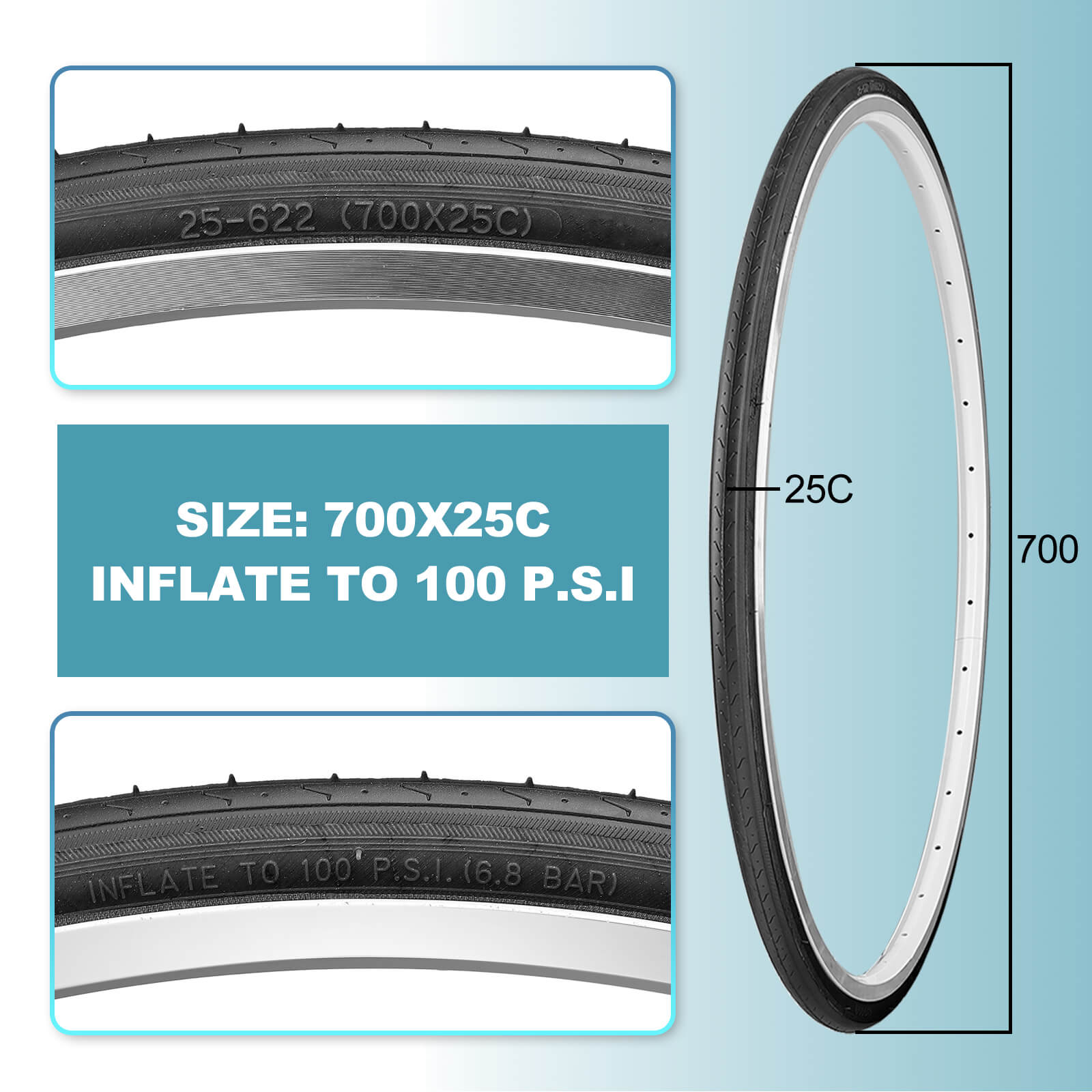 Hycline MoGan 700×25C bicycle tire with black tread and sidewalls, suitable for road cycling, max 100 PSI, single tire image.