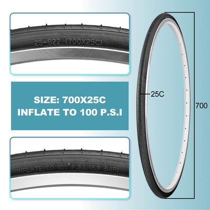 Hycline MoGan 700×25C bicycle tire with black tread and sidewalls, suitable for road cycling, max 100 PSI, single tire image.
