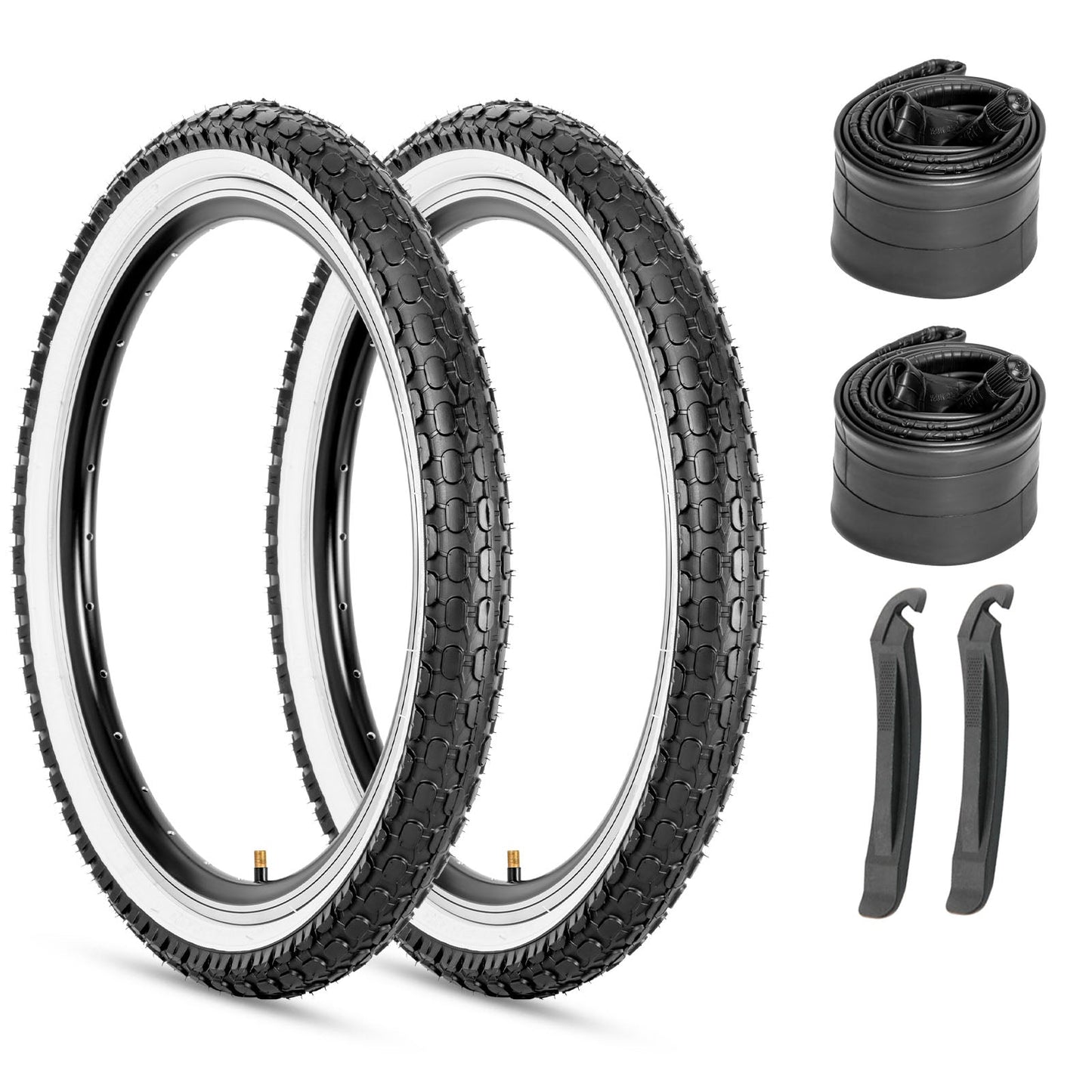 Hycline Dotree bicycle tires in black, 16x2.125 and 20x2.125, with tubes, suitable for various bikes, shown in a 2-pack.