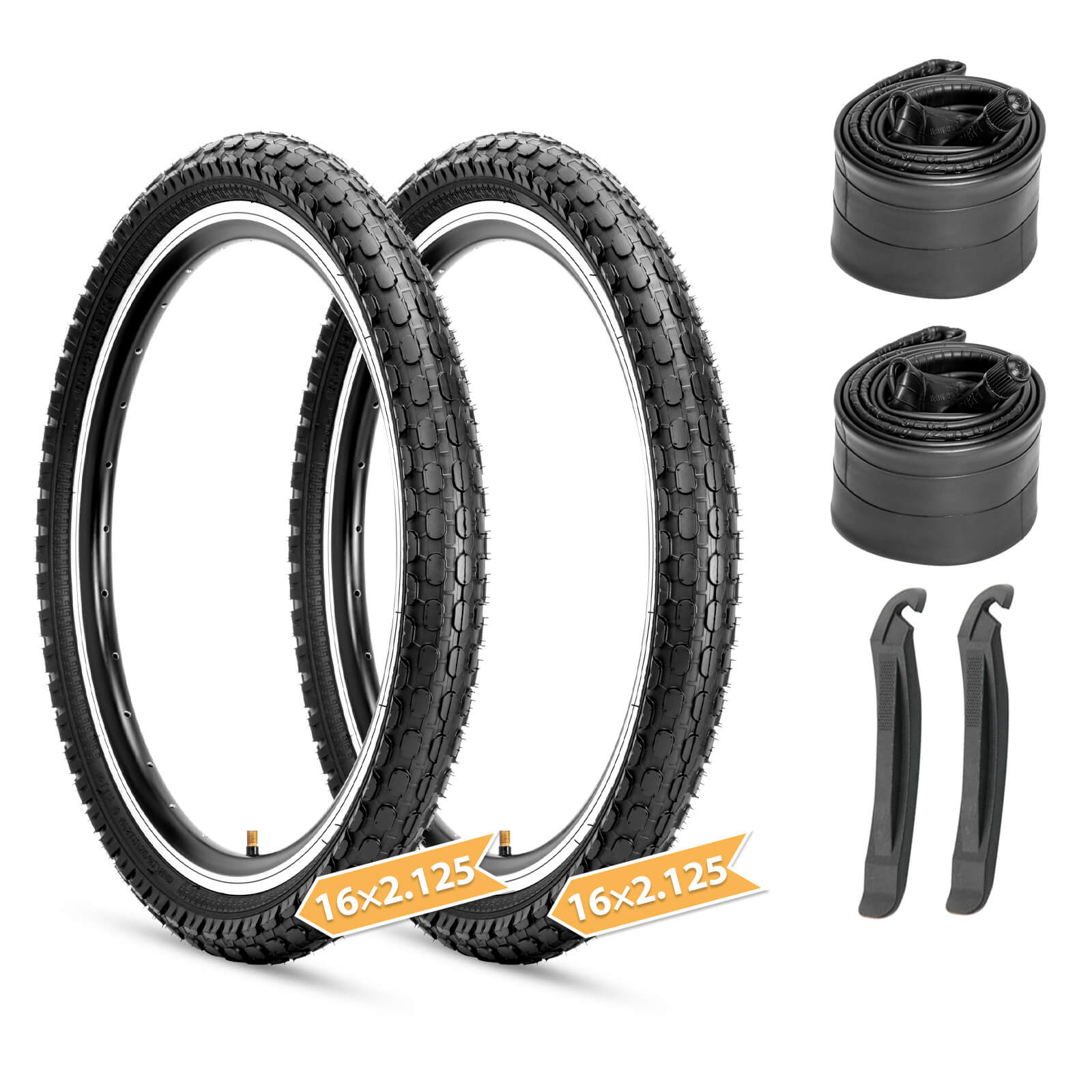 Hycline Dotree bicycle tires in black, 16x2.125 and 20x2.125, with tubes, ideal for city and commuter bikes.