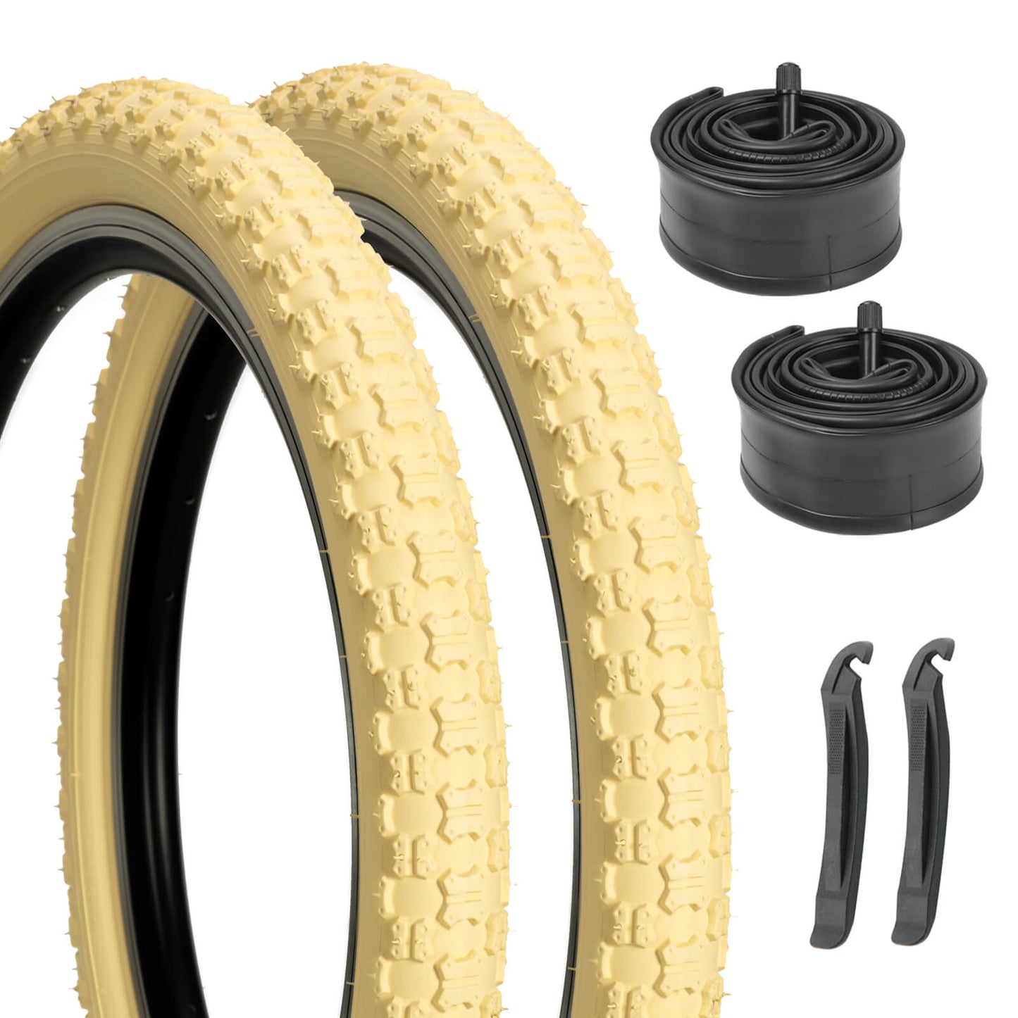 Hycline Bowlite beige and white wall bicycle tires, 16-inch size, durable rubber tires for road bikes, side view image.