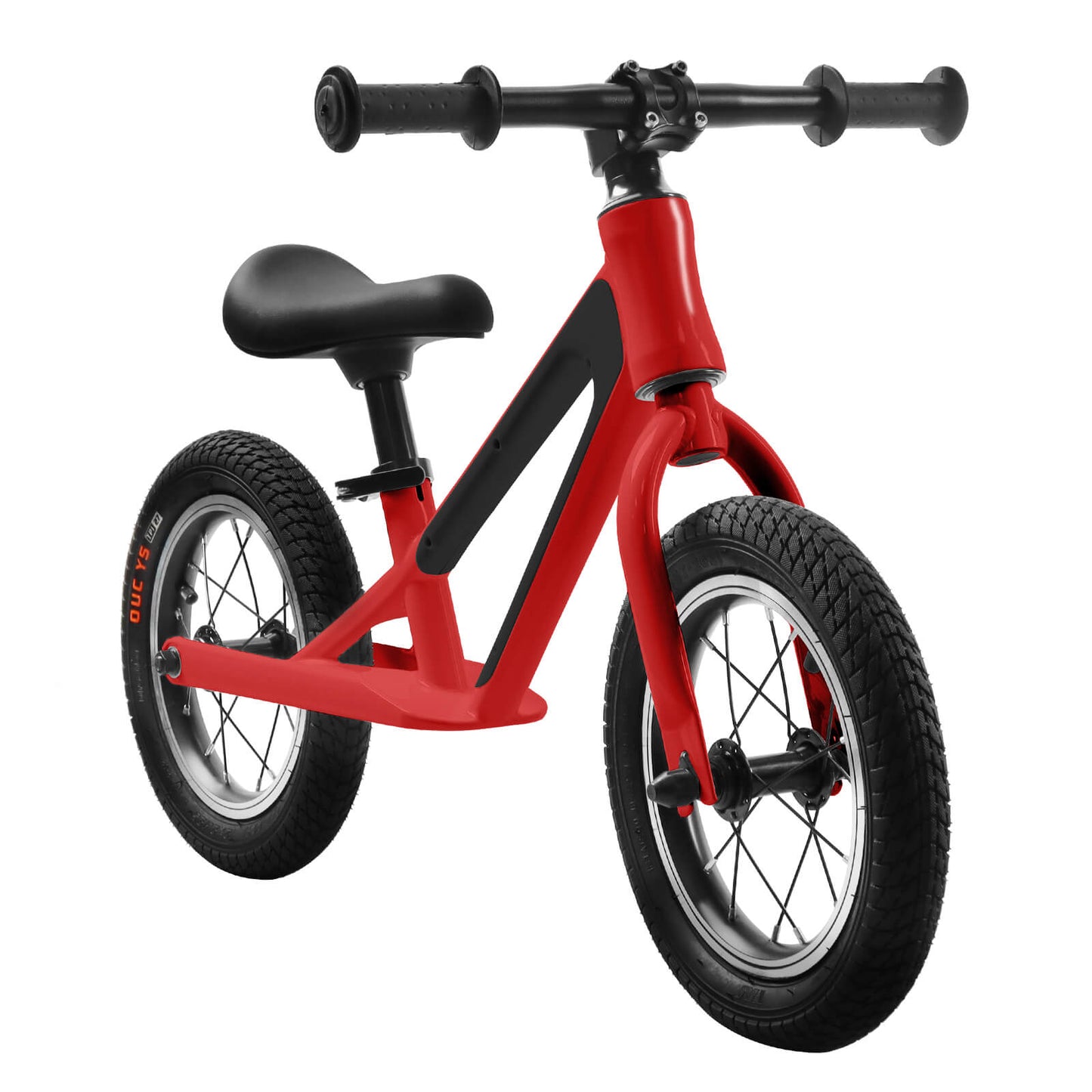 Hycline ChopShip 12-inch baby balancing bike in black, designed for toddlers learning to ride, with a sturdy frame and small wheels.