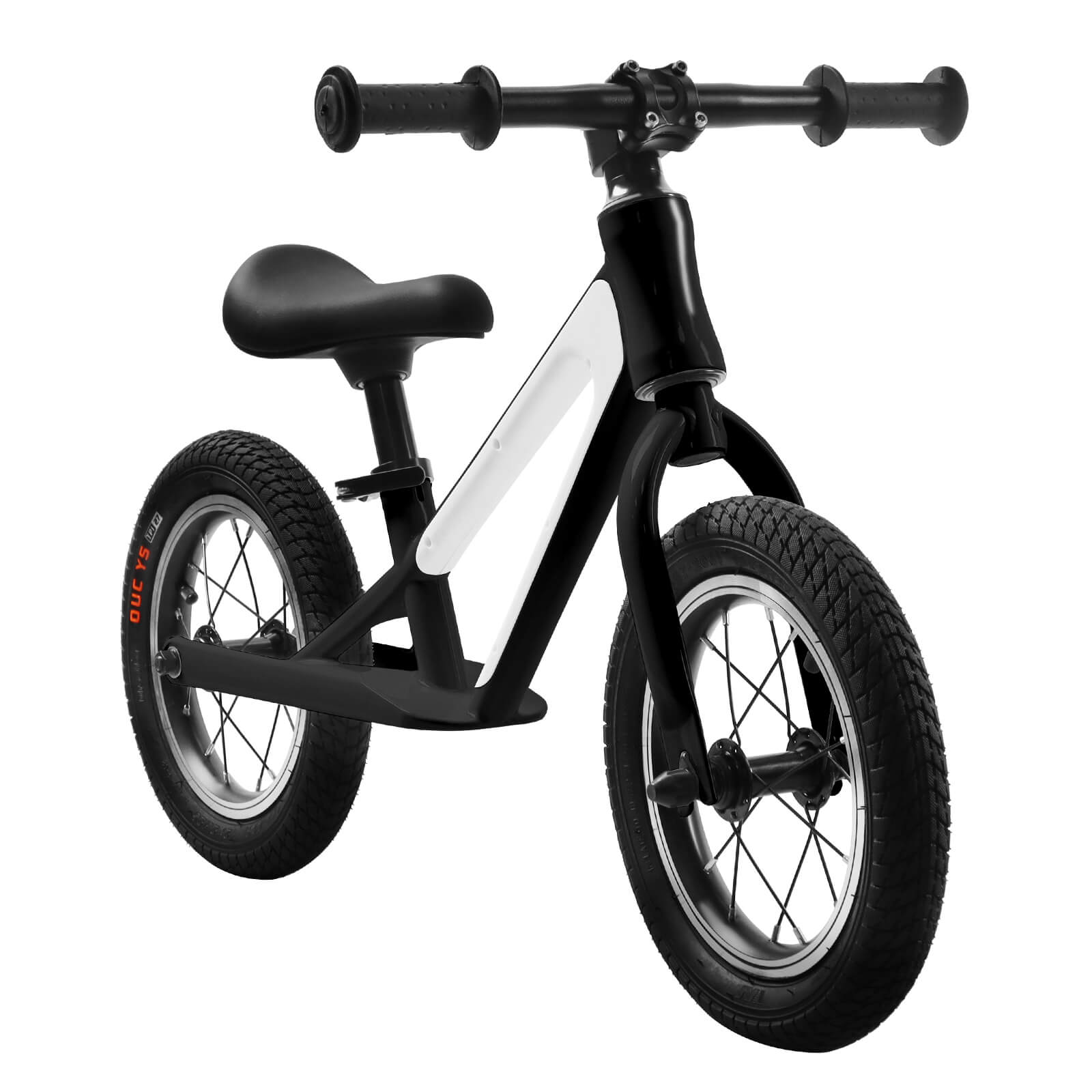 Hycline ChopShip 12-inch black baby balancing bike with training wheels and ergonomic handlebars, ideal for young children learning to ride.