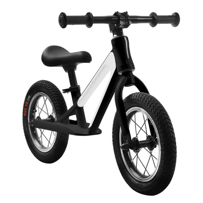 Hycline ChopShip 12-inch black baby balancing bike with training wheels and ergonomic handlebars, ideal for young children learning to ride.