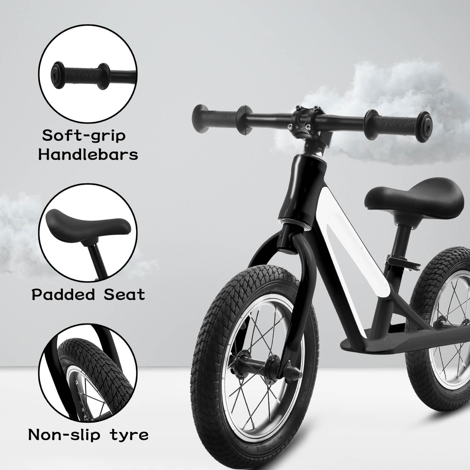 Hycline ChopShip 12-inch black baby balancing bike with training wheels and sturdy frame for young children.