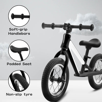Hycline ChopShip 12-inch black baby balancing bike with training wheels and sturdy frame for young children.