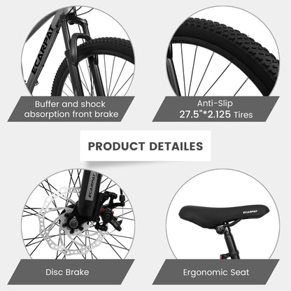 Dark grey Hycline Ecarpat Tendar X5 27.5-inch bicycle with sturdy frame and mountain bike features, ready for outdoor trails.