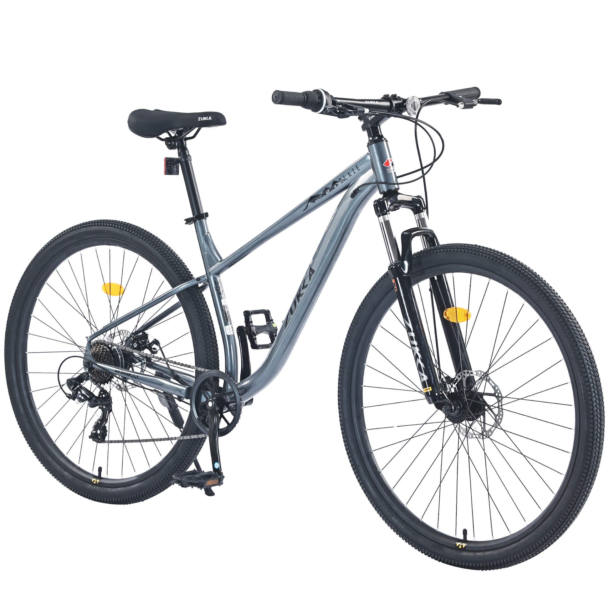 Grey Hycline Zukka Blaze MTB bicycle with 29-inch by 1.95-inch tires, shown from the side on a white background.