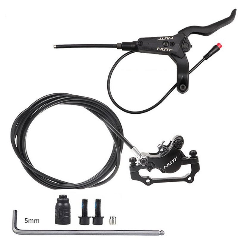 Hycline NUTT electric bike hydraulic disc brake kit with 180mm rotors, 2-pin power-off design, mounted on a bicycle.