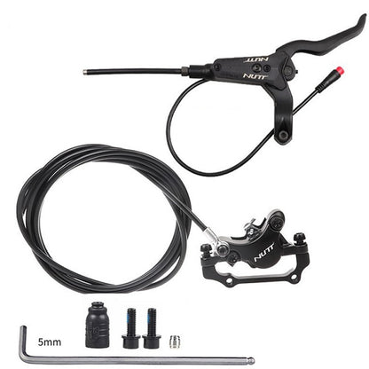 Hycline NUTT electric bike hydraulic disc brake kit with 180mm rotors, 2-pin power-off design, mounted on a bicycle.