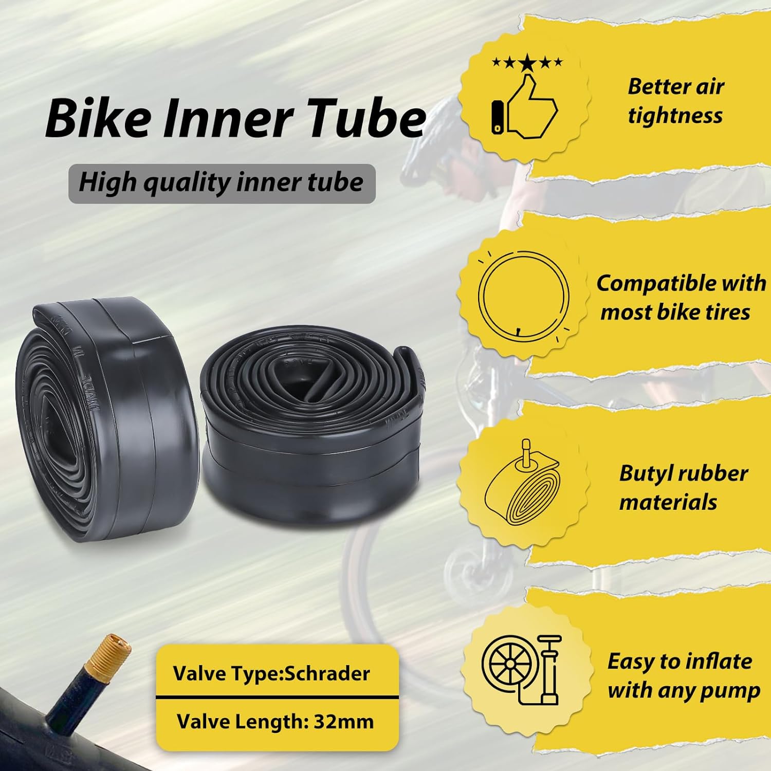 Hycline bike tube set for 20, 24, 26, 27.5, and 29-inch bikes, featuring durable inner tubes for various wheel sizes.