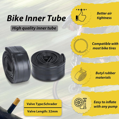 Hycline bike tube set for 20, 24, 26, 27.5, and 29-inch bikes, featuring durable inner tubes for various wheel sizes.