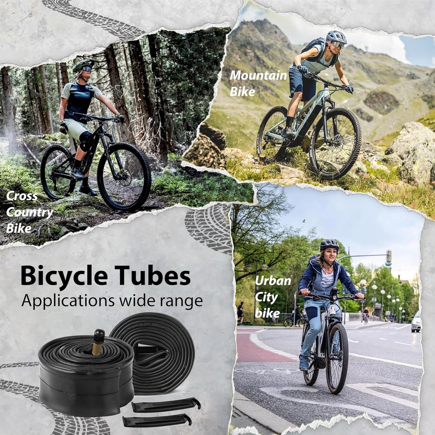 Hycline bike tube set with 20, 24, 26, 27.5, and 29-inch inner tubes for various mountain and road bikes.