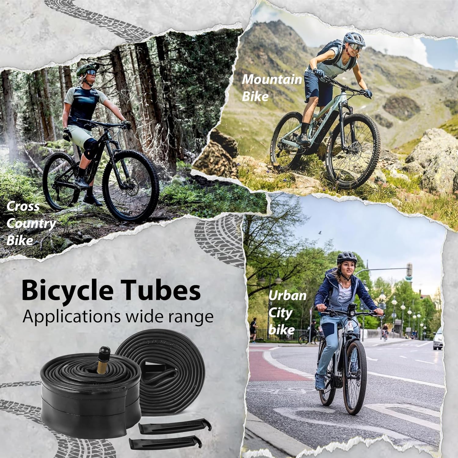 Hycline bike tube set with 20, 24, 26, 27.5, and 29-inch inner tubes for various mountain and road bikes.