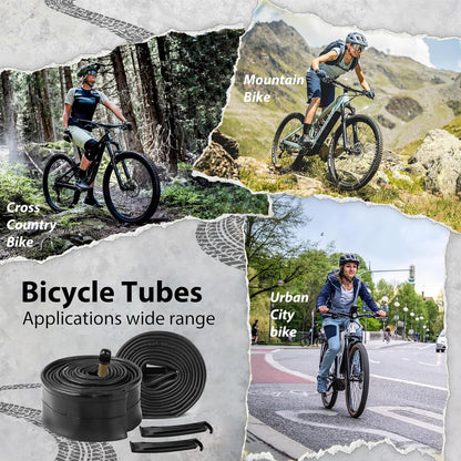 Hycline bike tube set with 20, 24, 26, 27.5, and 29-inch inner tubes for various mountain and road bikes.