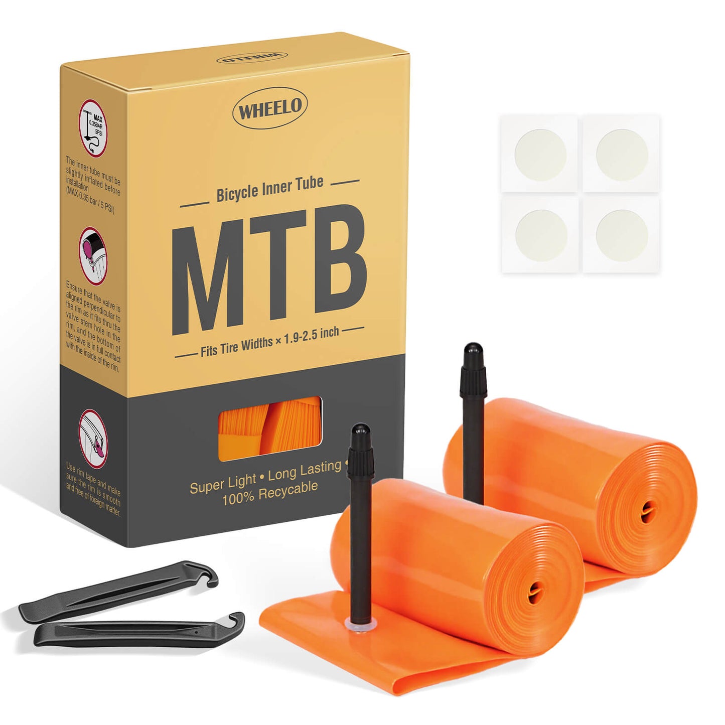 Hycline TPU MTB bike tube for 26, 27.5, or 29-inch tires, 2.1-2.5 width, shown with valve and packaging.