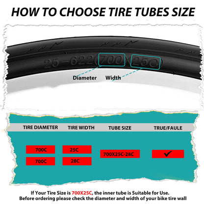 Hycline bike inner tube for 700×25C road bike tires, suitable for 28C to 35C, with valve and durable rubber construction.