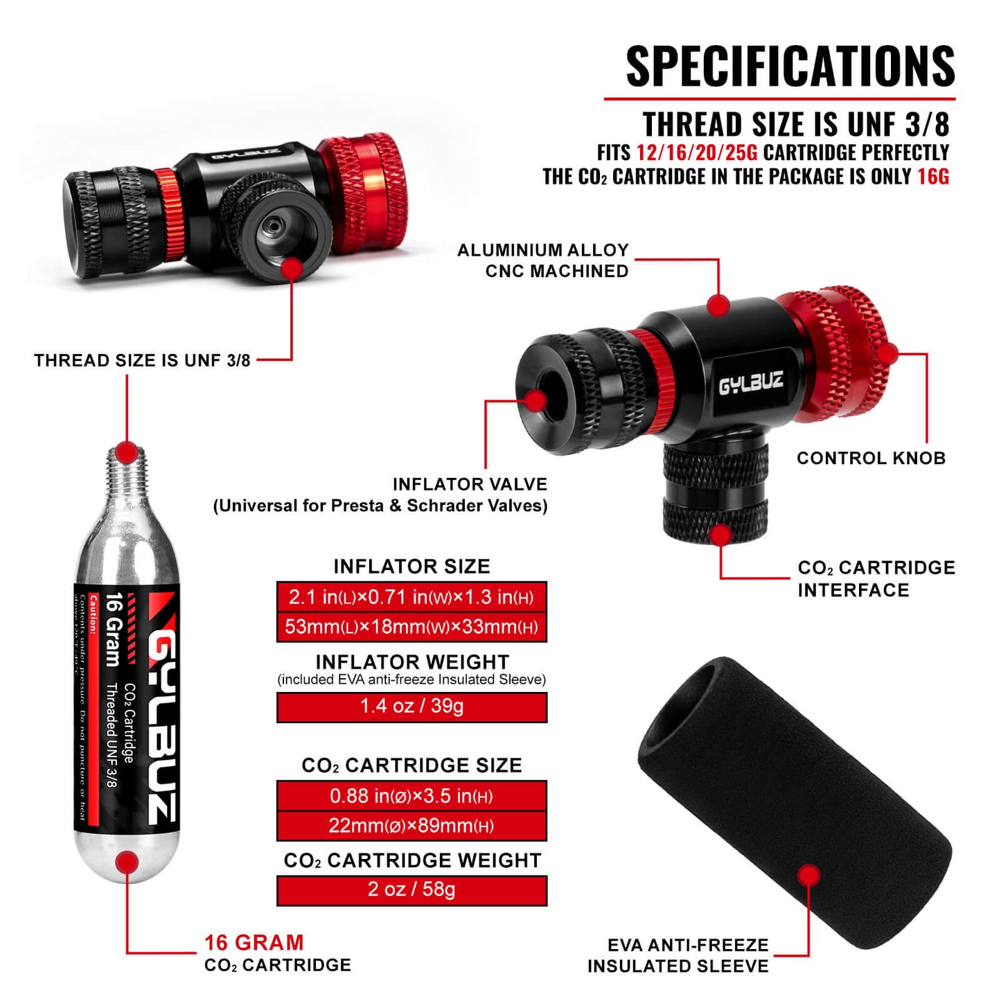 Black Hycline CO2 inflator set with six 16g cartridges, suitable for bike tires and sports equipment.