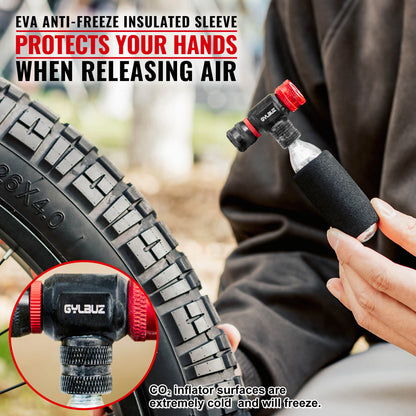 Hycline black CO2 inflator set with six 16g cartridges for bike tires and inflatables, shown with attached cartridges and inflator head.