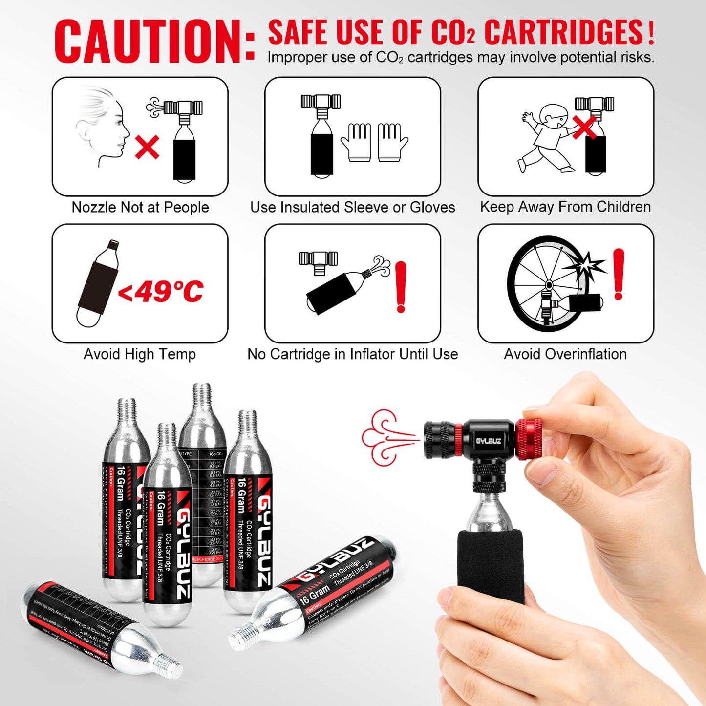 Hycline black CO2 inflator set with 6x16g cartridges for bicycle tires, compact and easy to use for quick inflation.