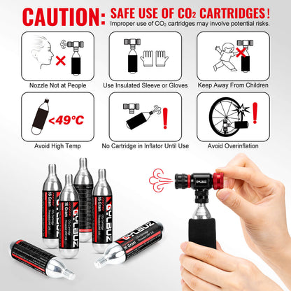 Hycline black CO2 inflator set with 6x16g cartridges for bicycle tires, compact and easy to use for quick inflation.