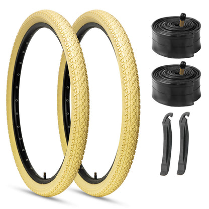 Hycline Gembridge Beige Wall tire, 26" x 2.125", shown in a 2-pack with tubes, designed for bicycle wheels.