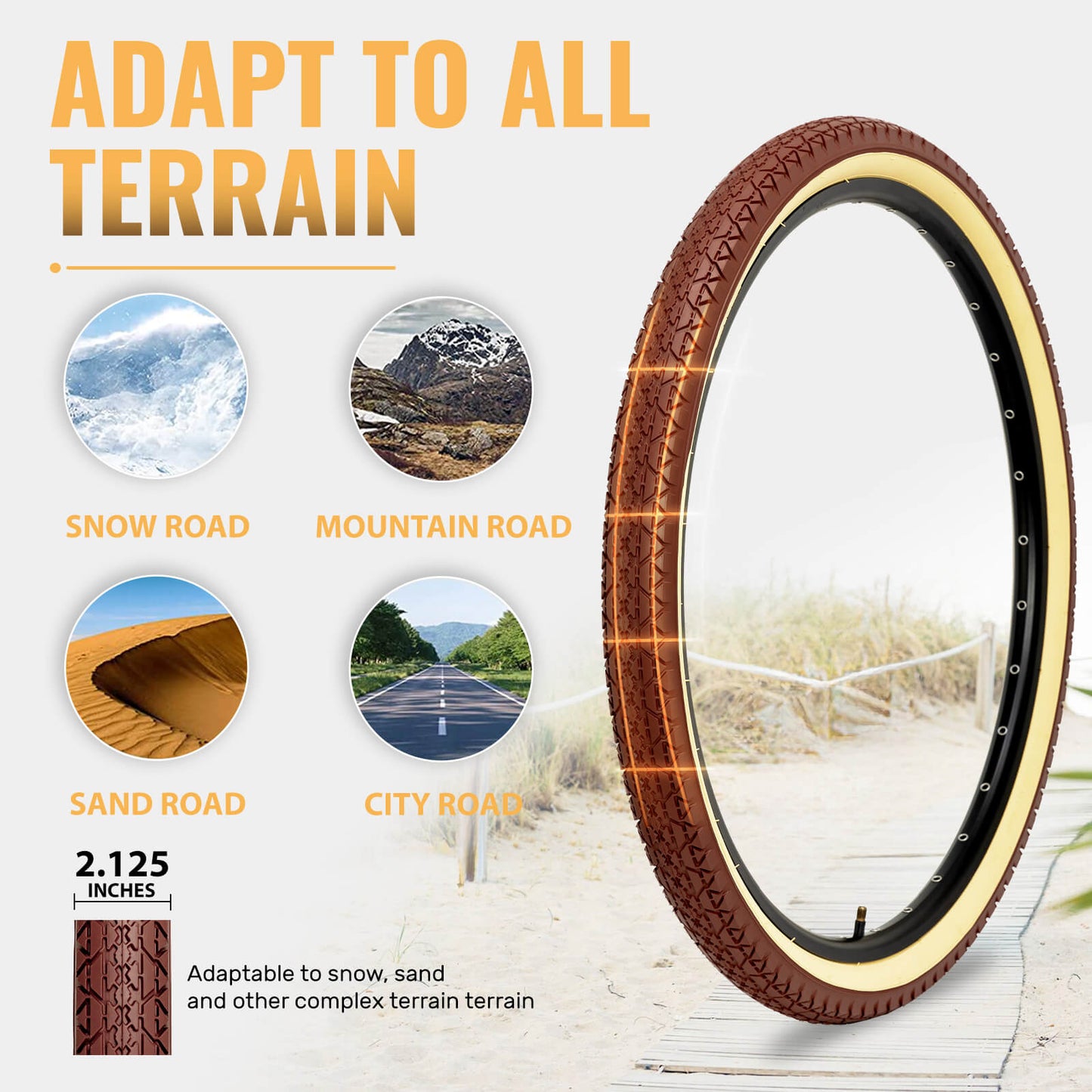 Hycline Gembridge Beige Wall bicycle tire, 26-inch by 2.125-inch, with beige wall and tube, shown in a close-up view.
