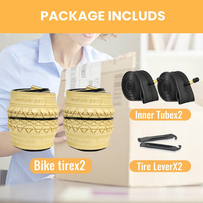 Hycline Gembridge Beige Wall tire, 26-inch by 2.125-inch, shown in a 2-pack with tubes, designed for durable wall applications.