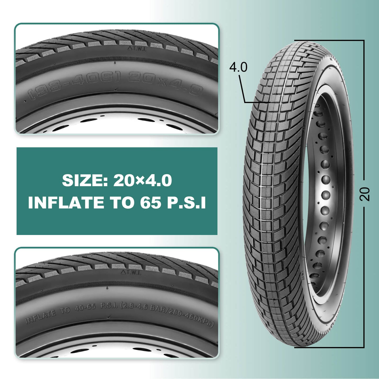 Hycline E-Bike and Fat Bike Tire 20x4.30-inch, rugged black tire with PSI markings, designed for Echelon electric bikes and fat bikes.