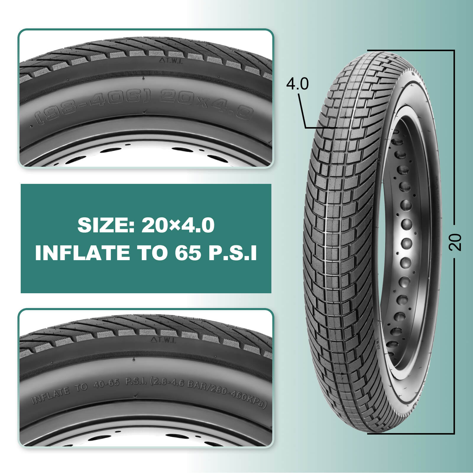 Hycline E-Bike and Fat Bike Tire 20x4.30-inch, rugged black tire with PSI markings, designed for Echelon electric bikes and fat bikes.