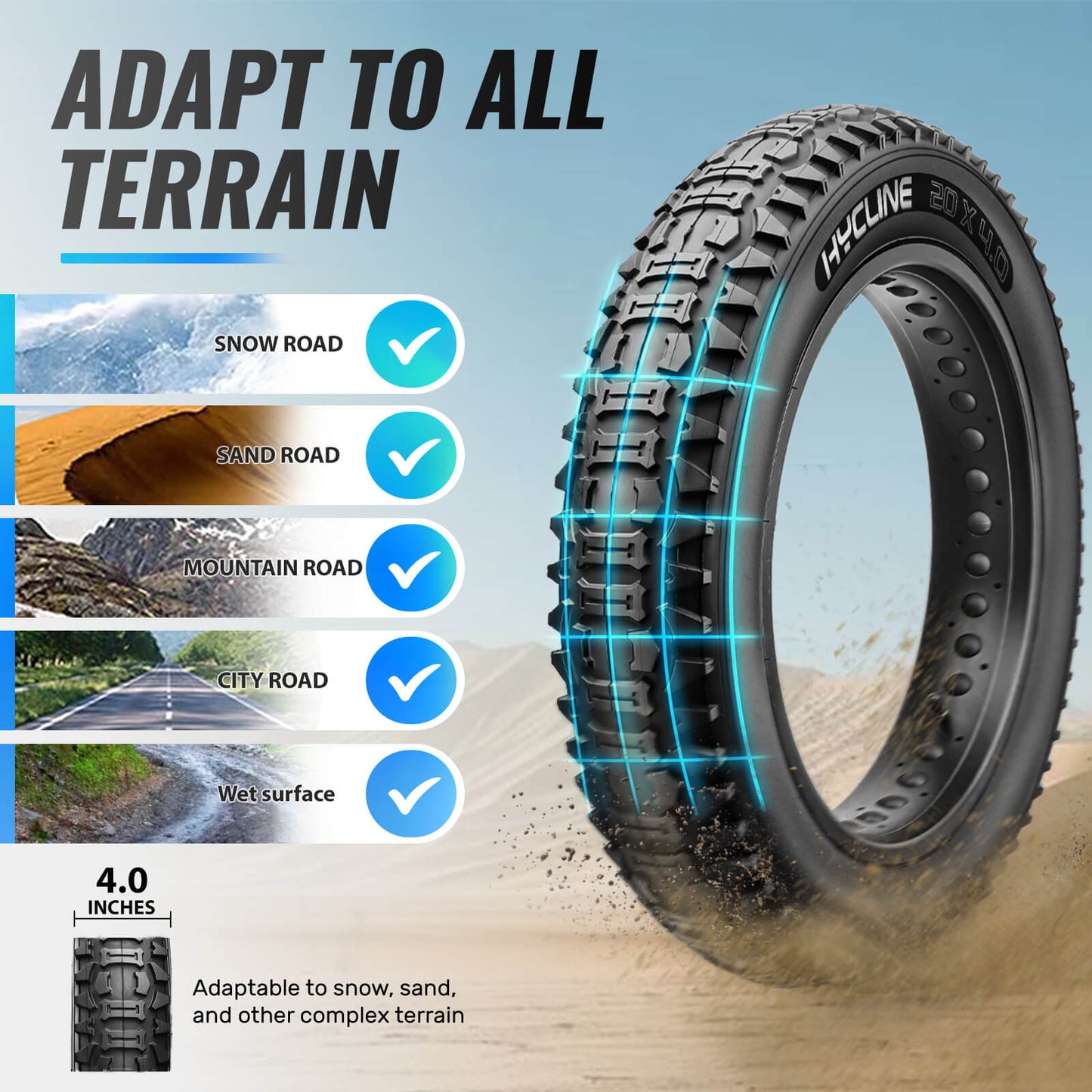 Hycline Bones Fat Bike Tire 20x4.0 for e-bikes and all-terrain riding, shown mounted on a bike wheel.