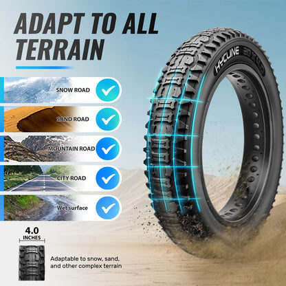 Hycline Bones Fat Bike Tire 20x4.0 for e-bikes and all-terrain riding, shown mounted on a bike wheel.