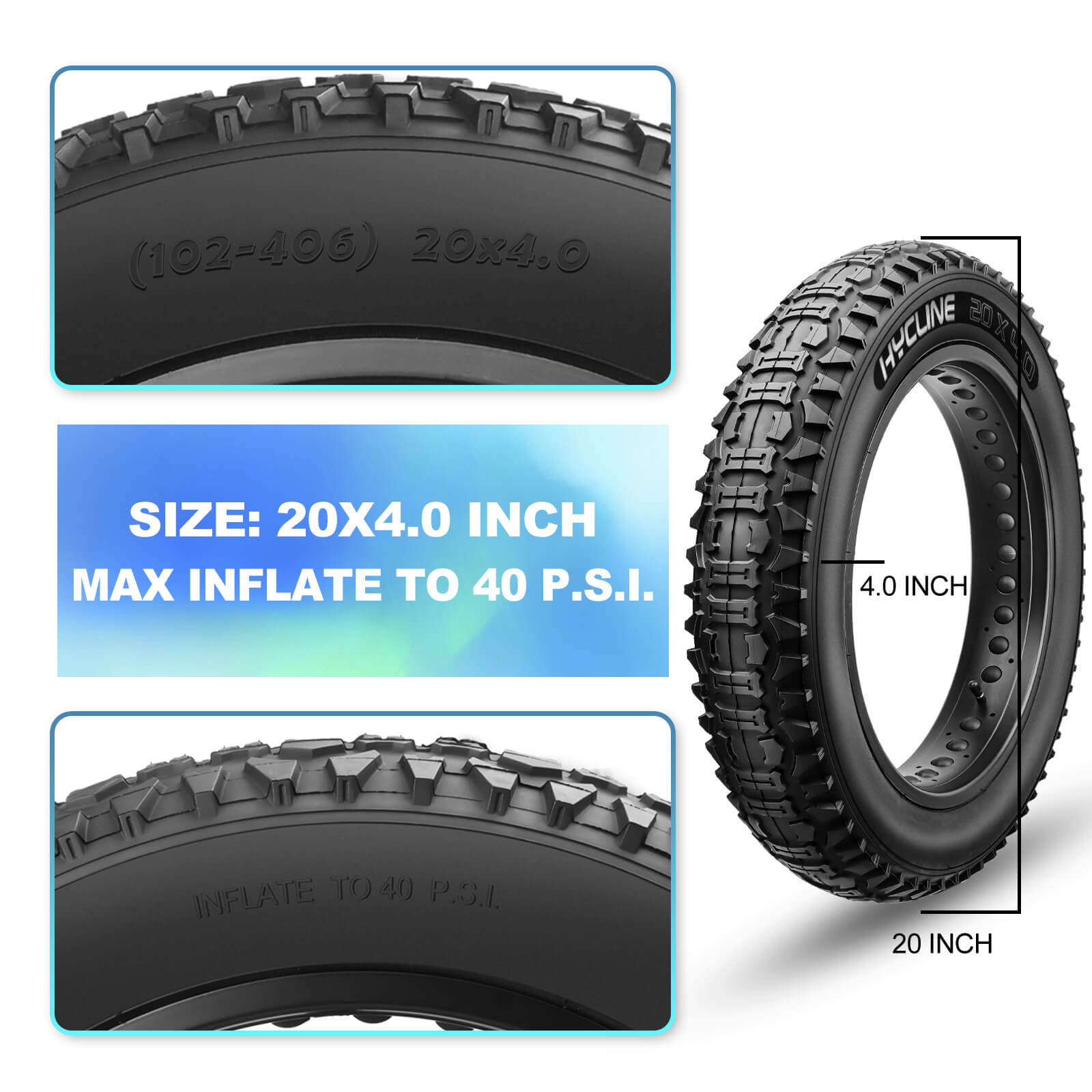 Hycline Bones Fat Bike Tire 20x4.0 for E-Bikes and all-terrain riding, rugged black tire with 40 PSI capacity.