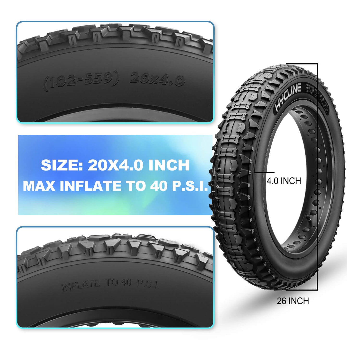 Hycline Bones Fat Bike Tire 20x4.0 for E-Bikes and all-terrain fat bikes, black with tread pattern, 40 PSI.
