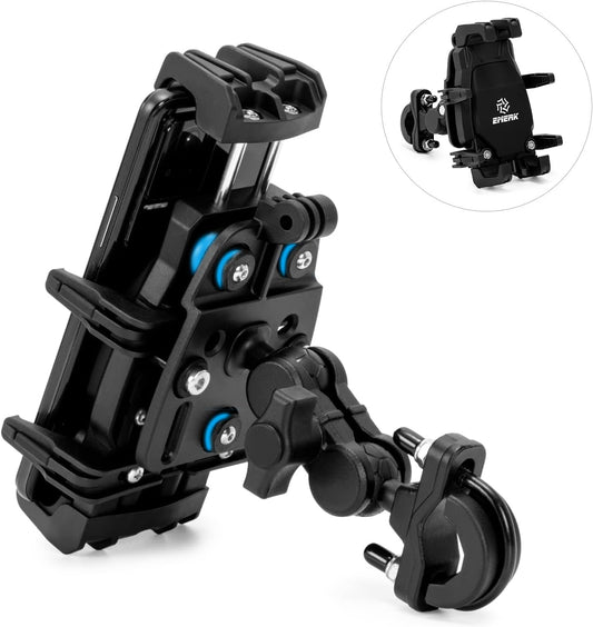 Hycline EMERK phone mount attached to motorcycle handlebar, secure holder for smartphone during rides