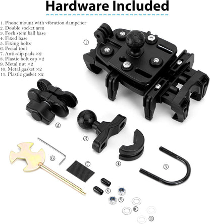 Hycline EMERK phone mount attached to a motorcycle handlebar, securely holding a smartphone for easy access during rides.