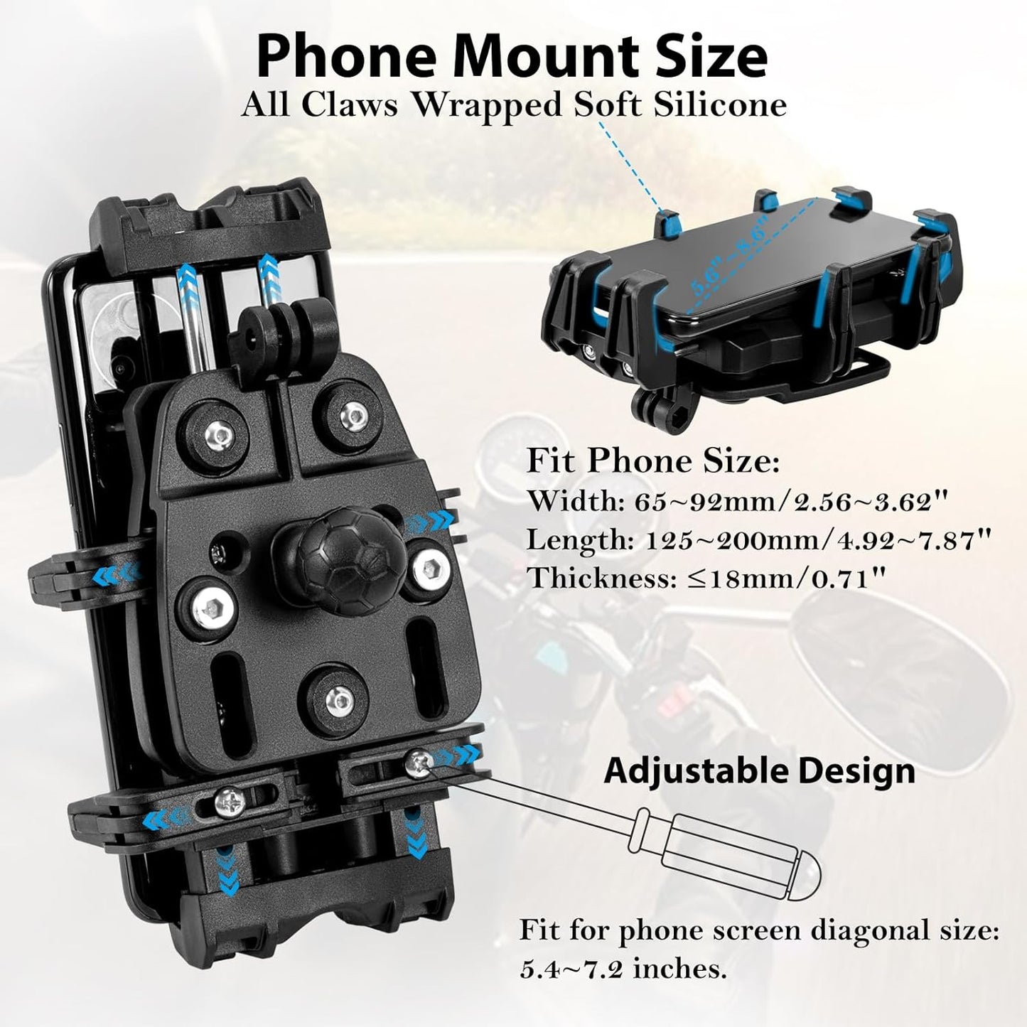Hycline EMERK phone mount for motorcycle and bicycle, black mount secured on handlebars with phone holder attached.
