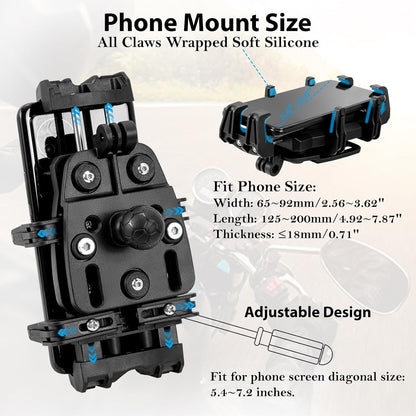 Hycline EMERK phone mount for motorcycle and bicycle, black mount secured on handlebars with phone holder attached.