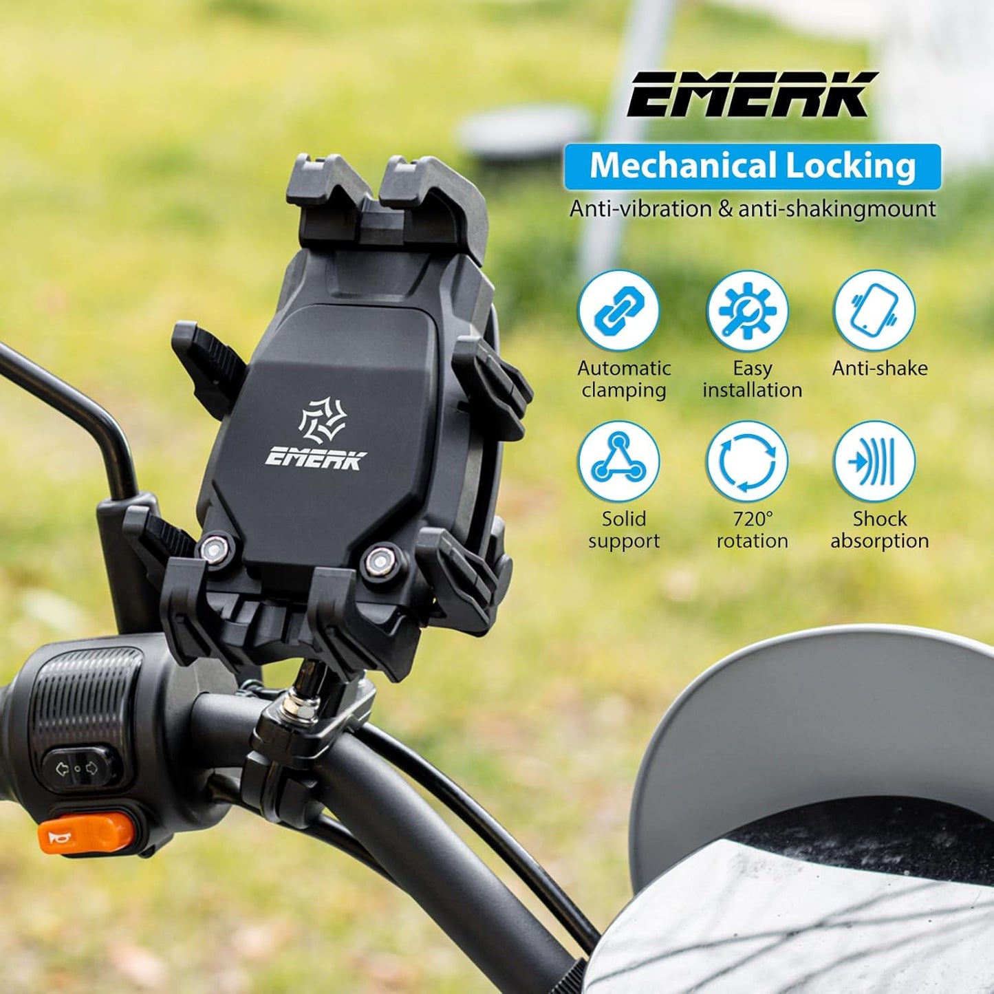 Hycline EMERK phone mount for motorcycle and bicycle, black, securely attaching smartphones to handlebars or bike frames