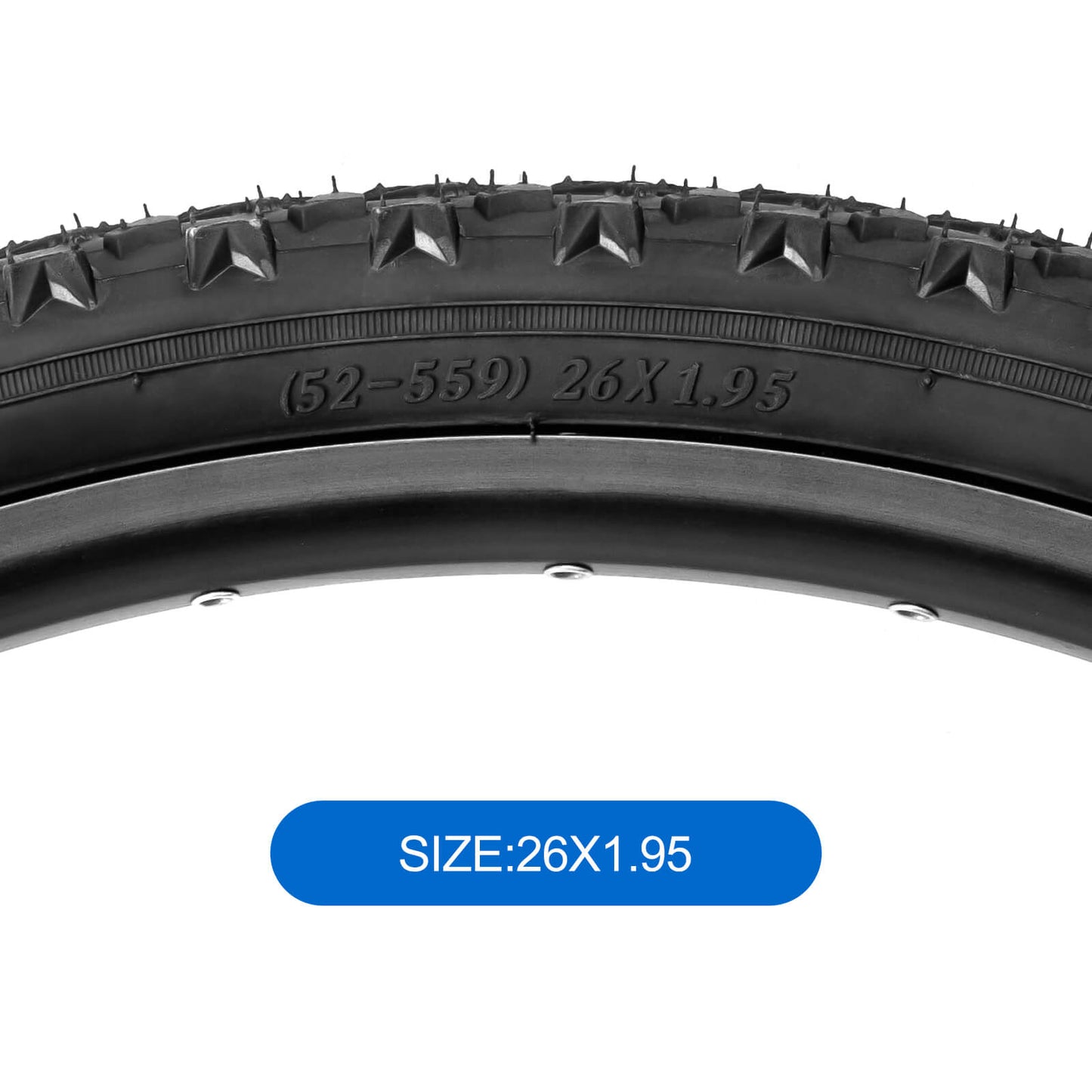 Hycline Rapids 26-inch mountain bike tire with 1.95-inch width, black rubber, and 60 PSI, shown from side view.