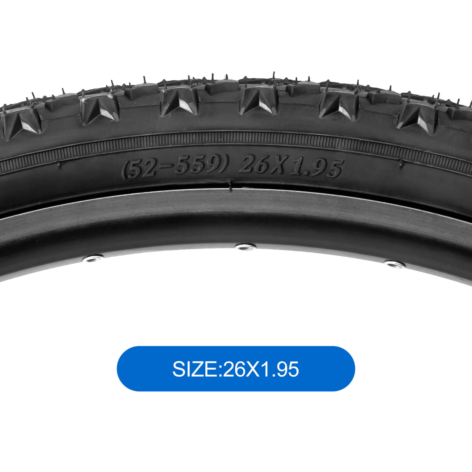 Hycline Rapids 26-inch mountain bike tire with 1.95-inch width, black rubber, and 60 PSI, shown from side view.