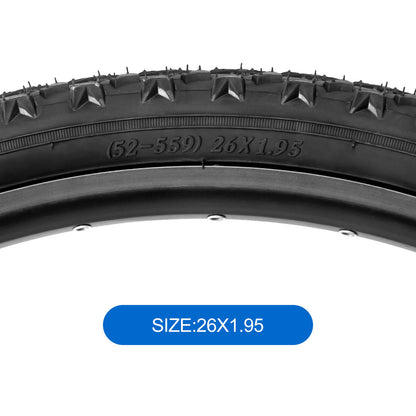 Hycline Rapids 26-inch mountain bike tire with 1.95-inch width, black rubber, and 60 PSI, shown from side view.