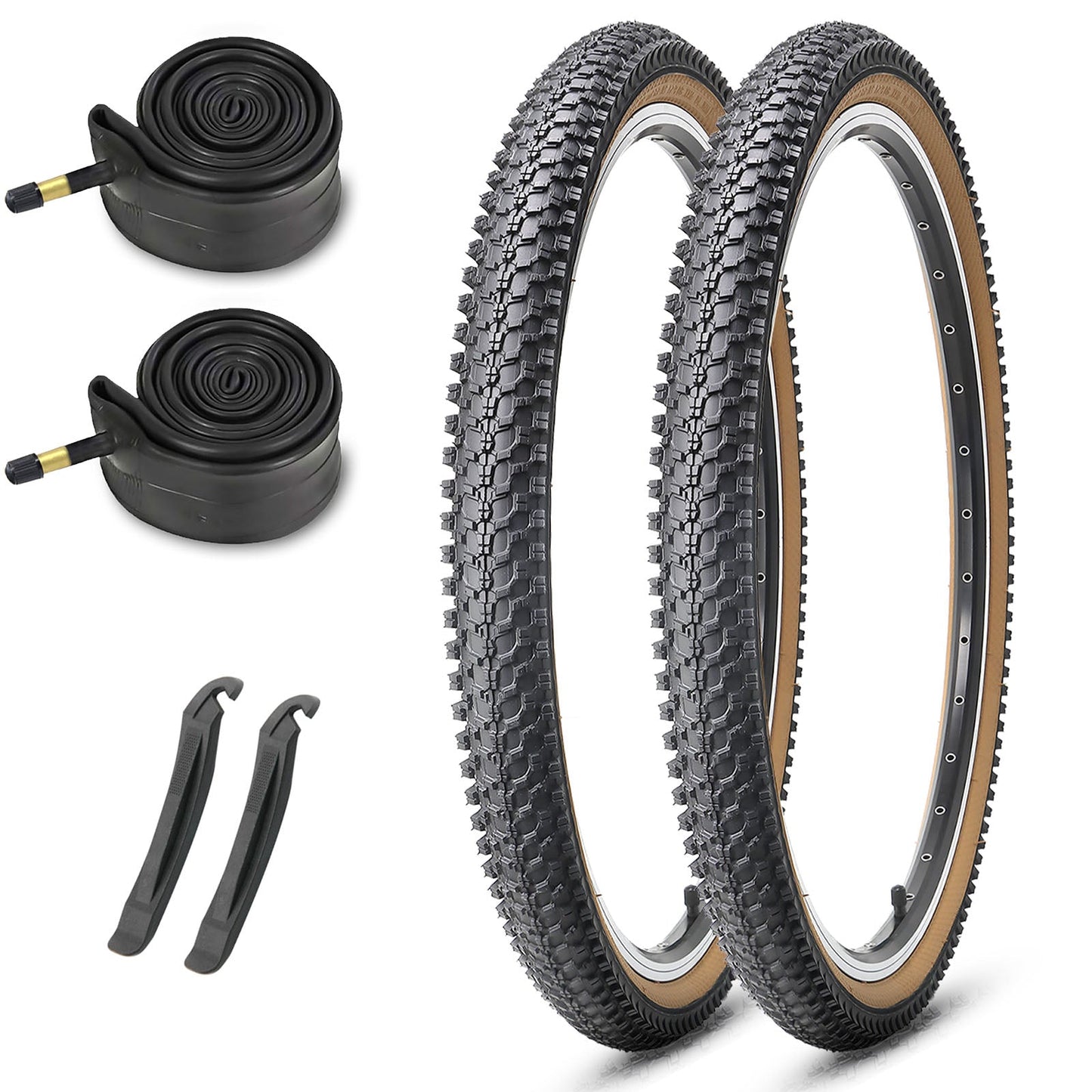 Hycline CrossBand Brown Wall mountain bike tire 26×1.95 with tubes, shown in a 2-pack for durable cycling performance.